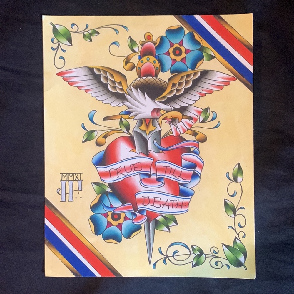 Tattoo Artwork True Till Death Eagle Heart Design Art Print 10x8 - Picture 4 of 5